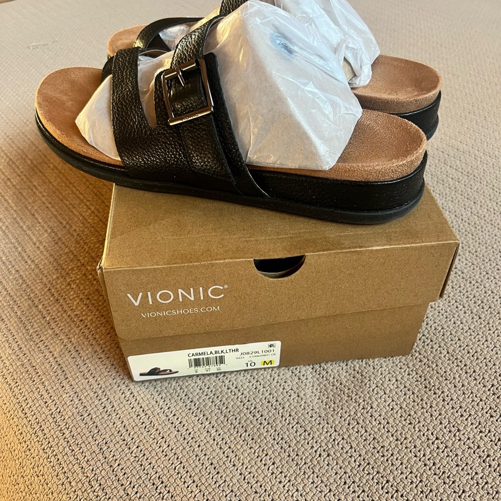 Vionic Carmela Black Leather Toe-Loop Slide Sanda… - image 10